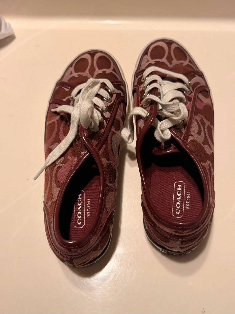 Coach Women's Burgundy Signature Canvas Sneakers with White Laces